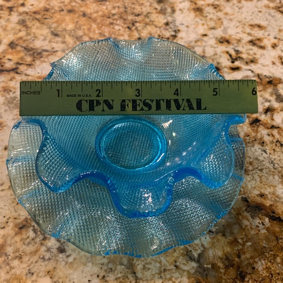 Vintage Italian Colony Glass Ruffled Edge Waffle Bowl & Plate Set Aqua Blue - Picture 12 of 12